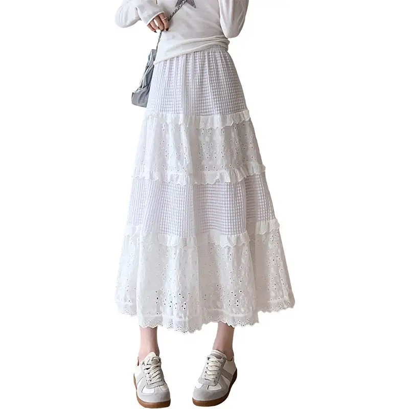 Streamlined Lace Pleated High Waist A-Line Midi Skirt