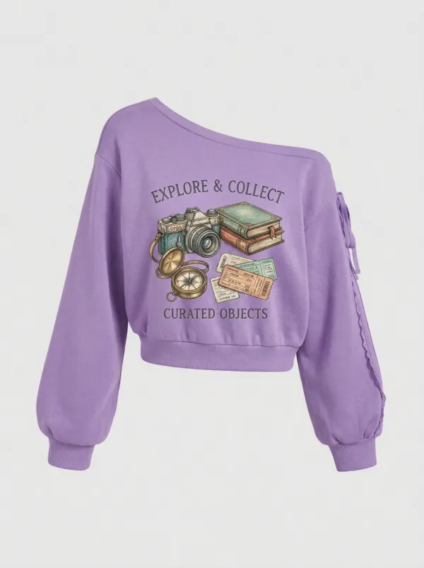 Women's Travel Enthusiast Camera Compass Printed Off-Shoulder Sweatshirt