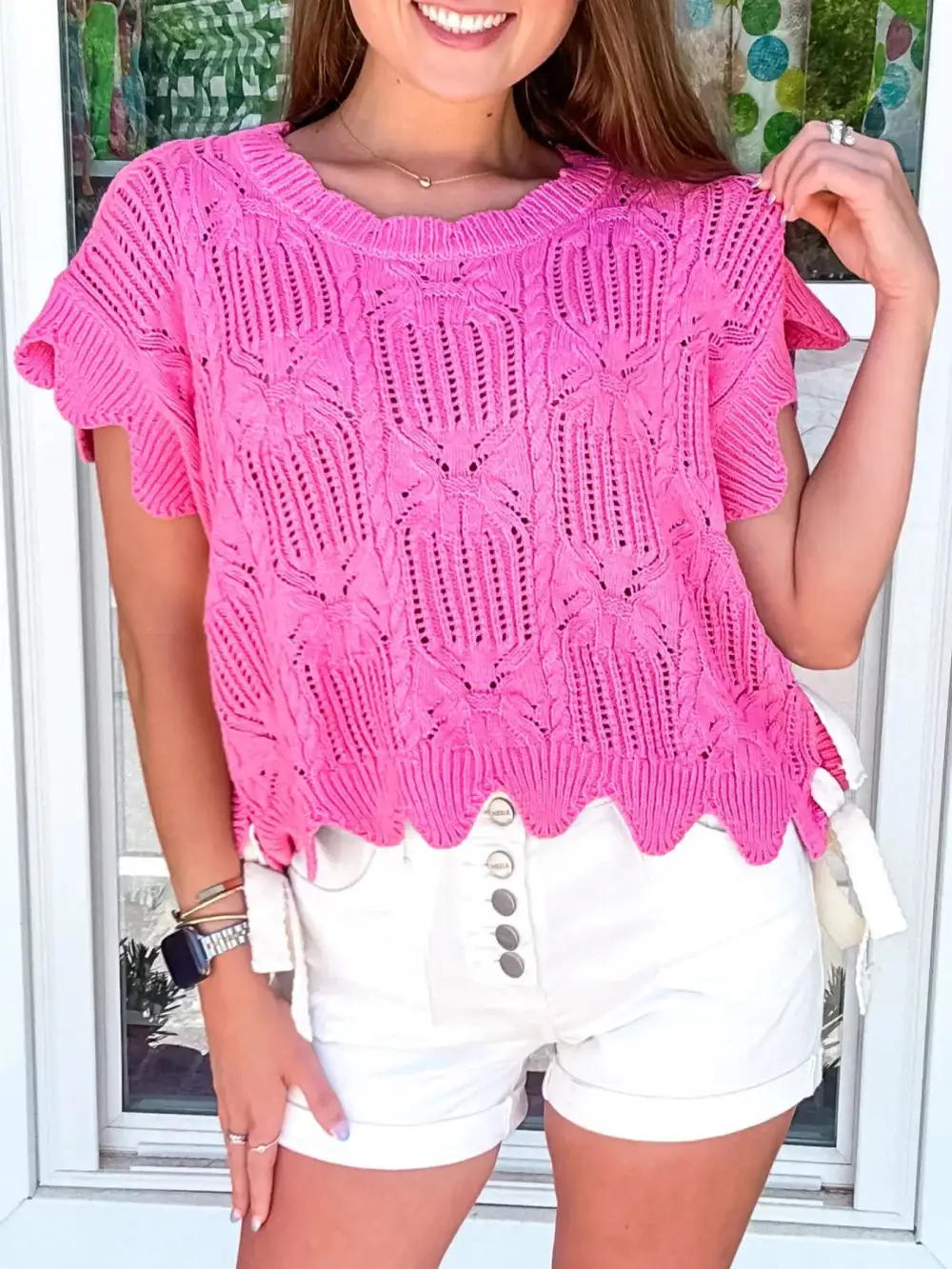 Side Tie Openwork Round Neck Sweater