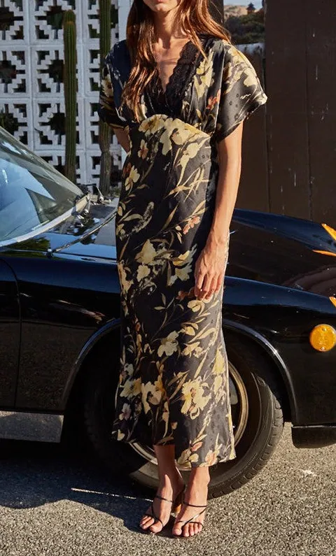 Gold Floral Print V Neck Maxi Dress