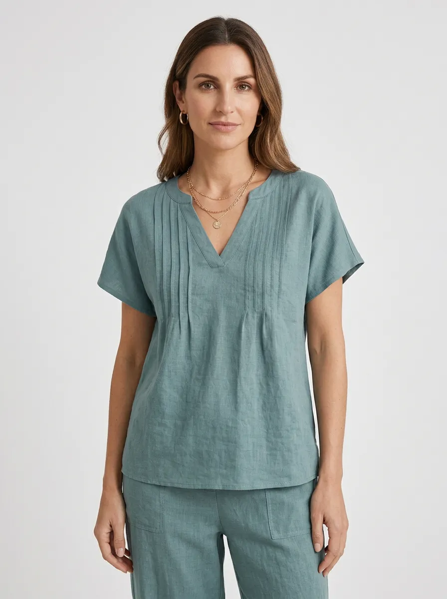Everyday Short-Sleeve Pleated Women's V-Neck Shirt