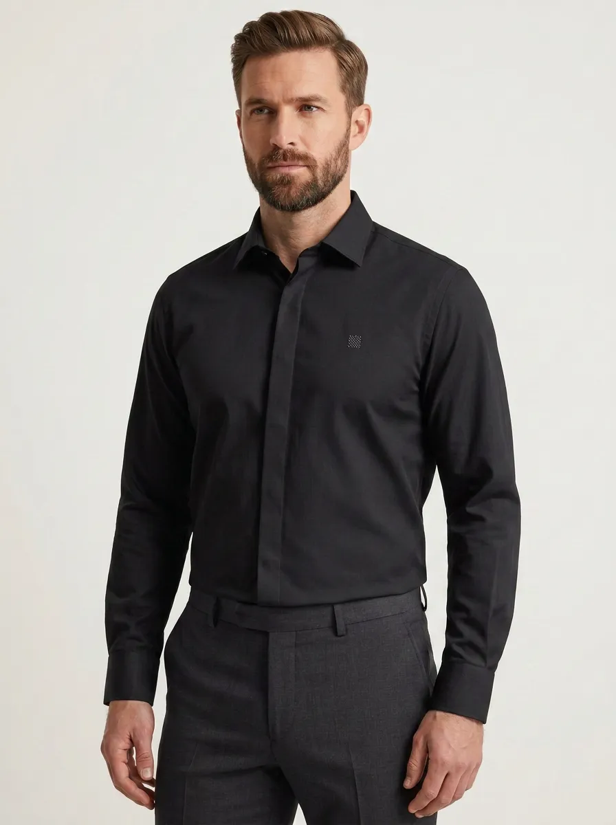 Men's Non-Iron Cotton  Logo Embroidered Long Sleeve Shirt