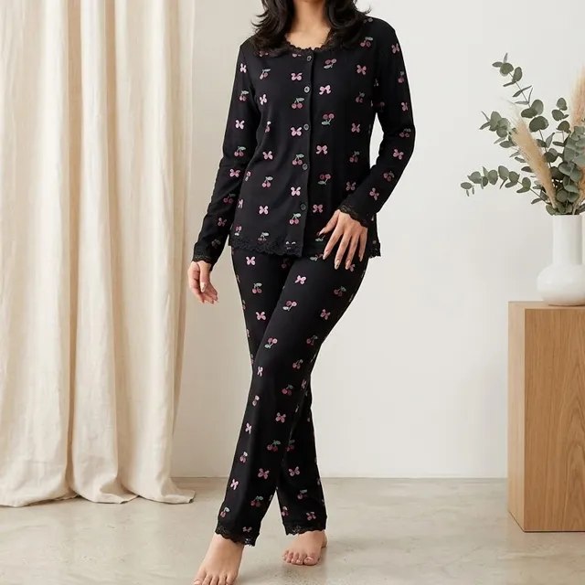 Cherry and Bow Lace Trim Pajama Set