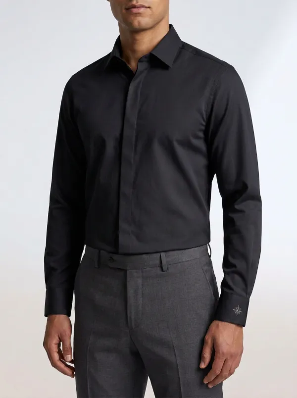 Men's Non-Iron Cotton Compass Embroidered Long Sleeve Shirt