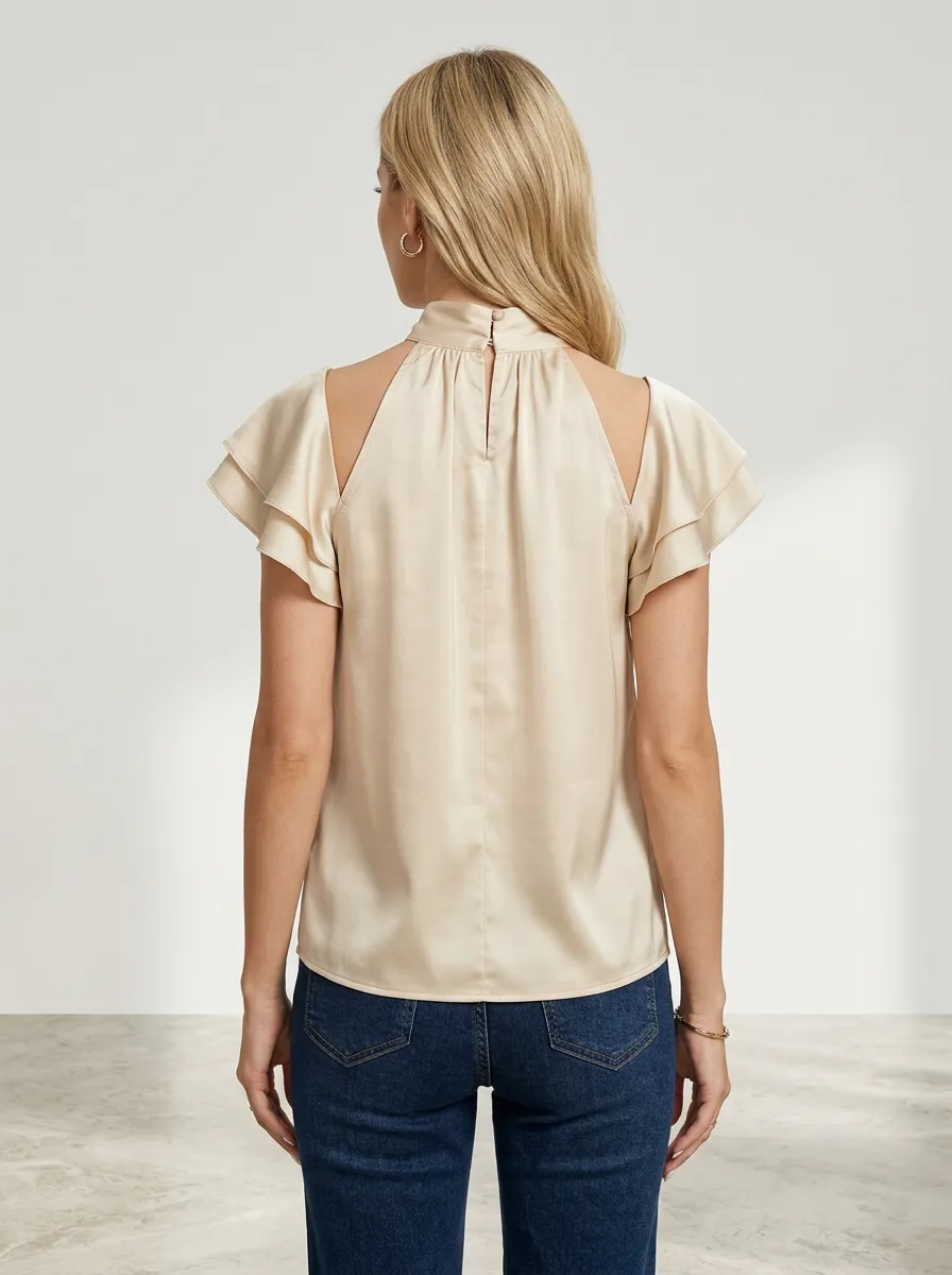 Satin Ruffle Sleeve Mock Neck Blouse