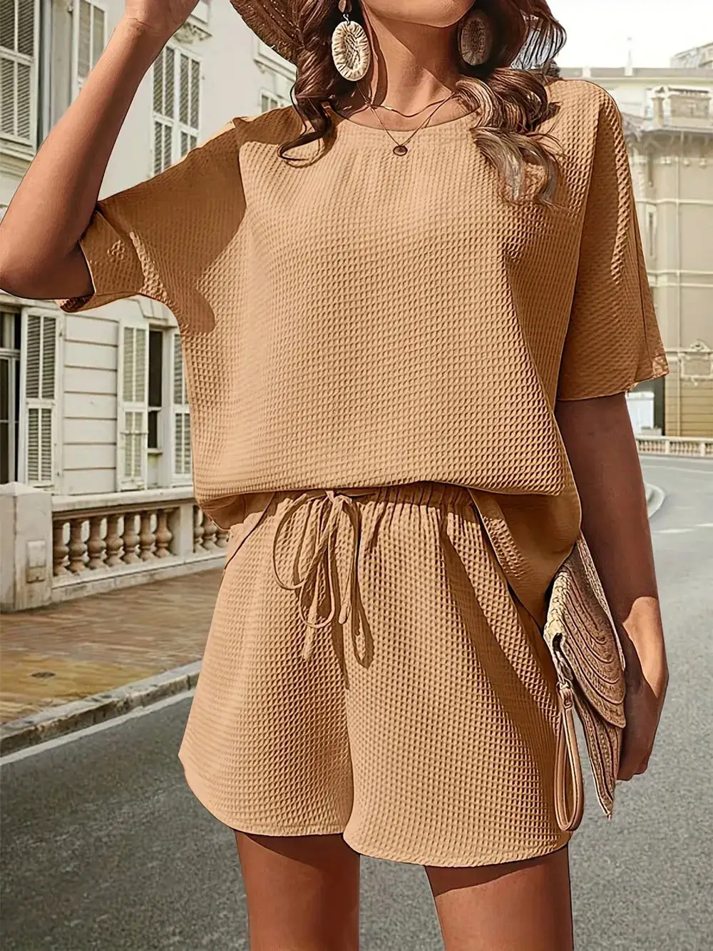 Waffle Knit Half Sleeve Top and Shorts Set