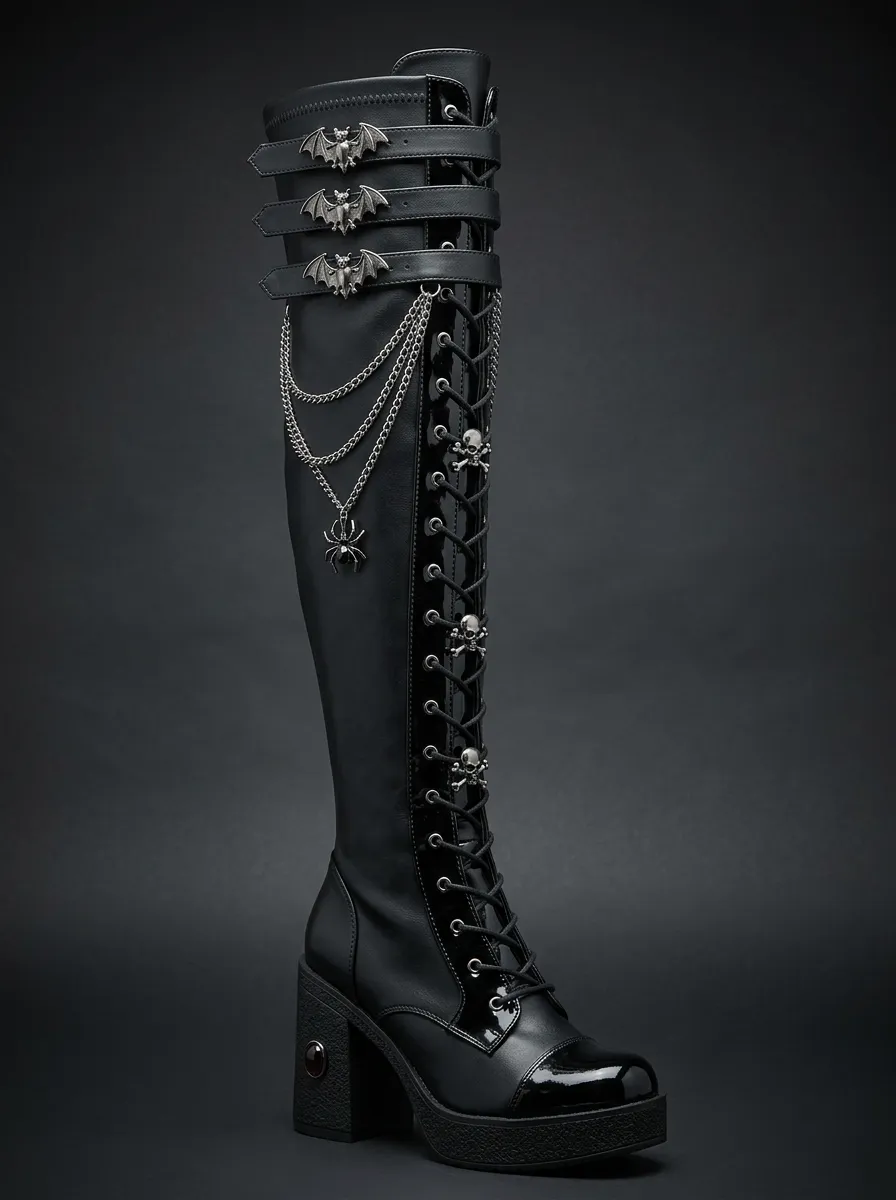 Heritage Skull Bat Chain Collection Women's Gothic Platform Knee High Boots