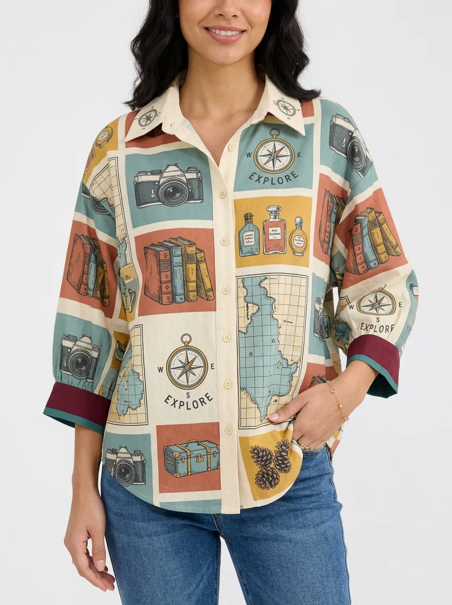Women's Travel Lover Camera Map Compass Printed Shirt