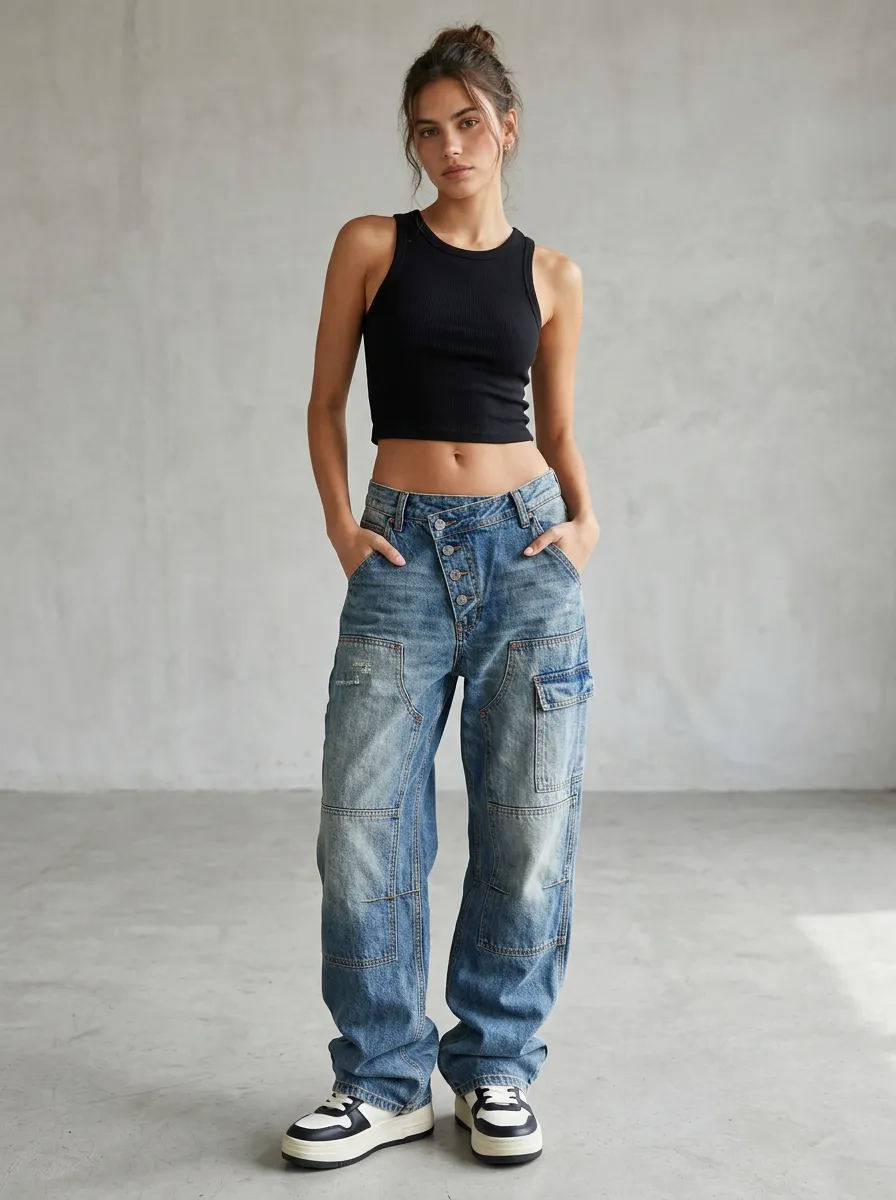 Women's Distressed Denim Jeans in Neutral with Utility Cut
