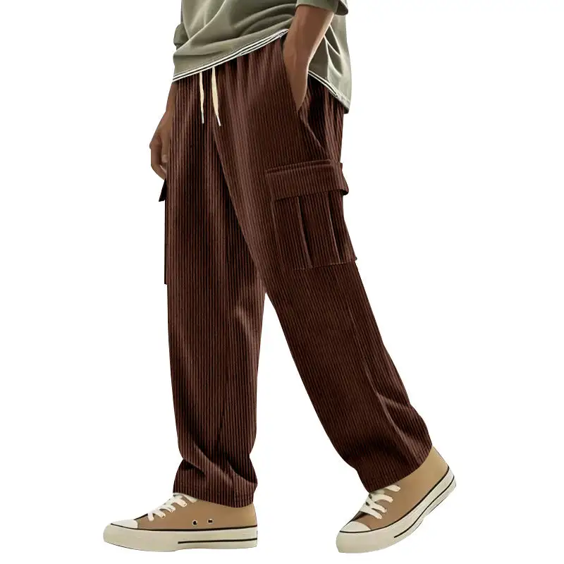Men's Loose Corduroy Pants with Cargo Pockets and Drawstring Waistband Cargo Pants