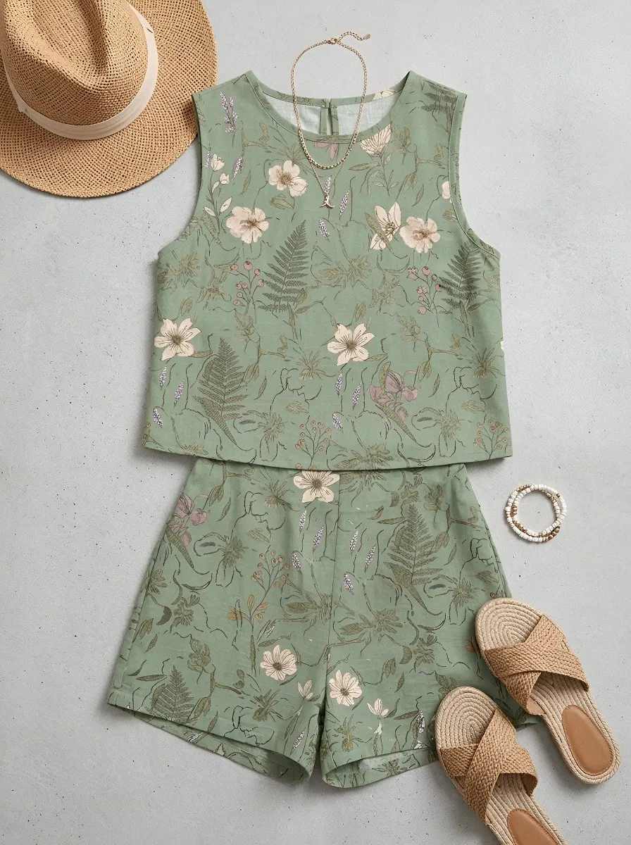 Women's Botanical Garden Floral Printed Sleeveless Shorts Set