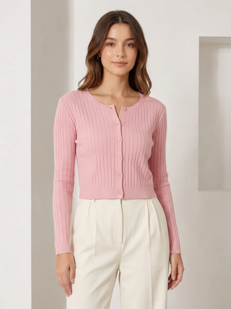 Women's Pink Ribbed Knit Button Down Long Sleeve Cardigan