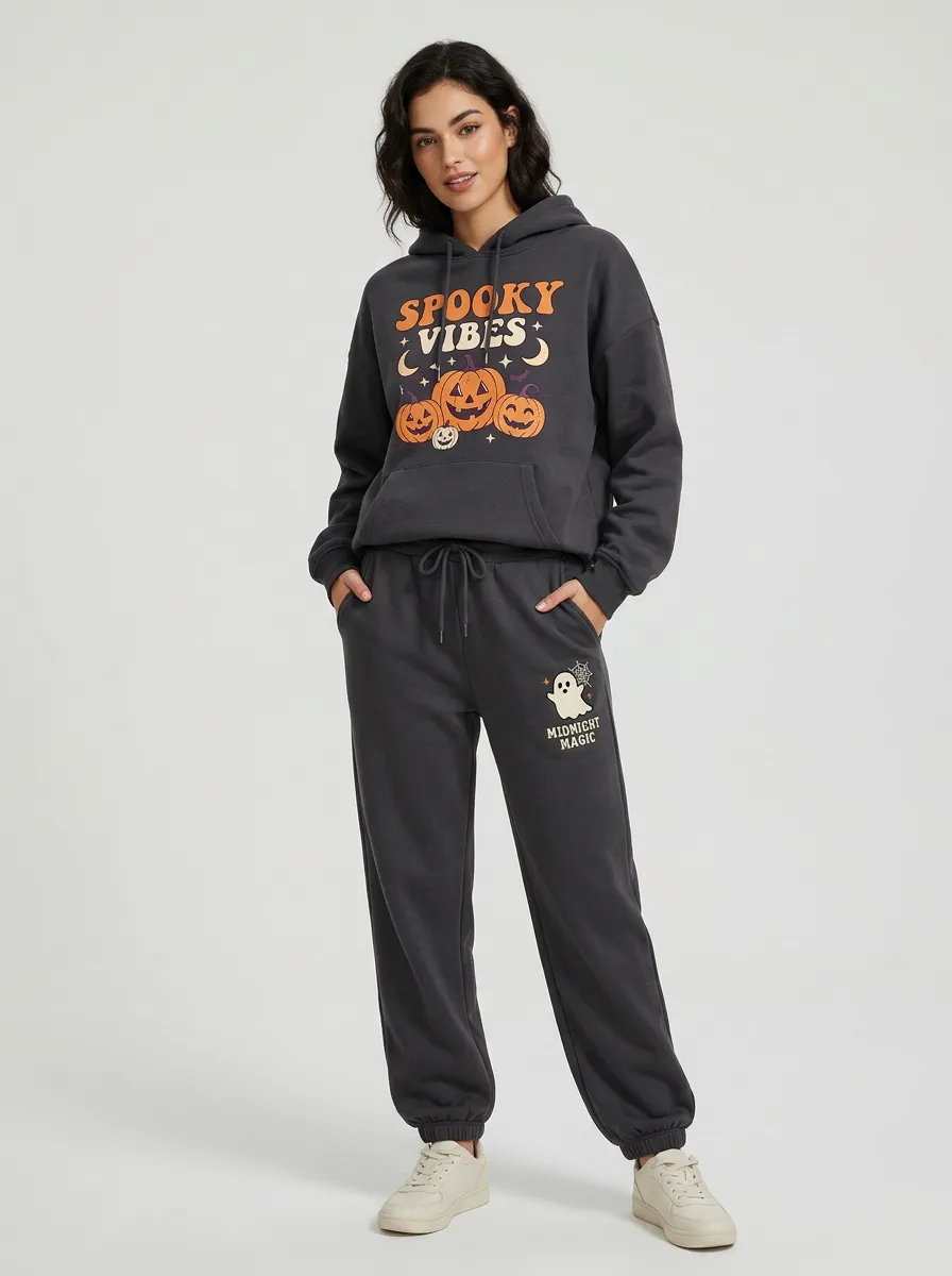 Women's Halloween Spooky Vibes Pumpkin Ghost Printed Tracksuit