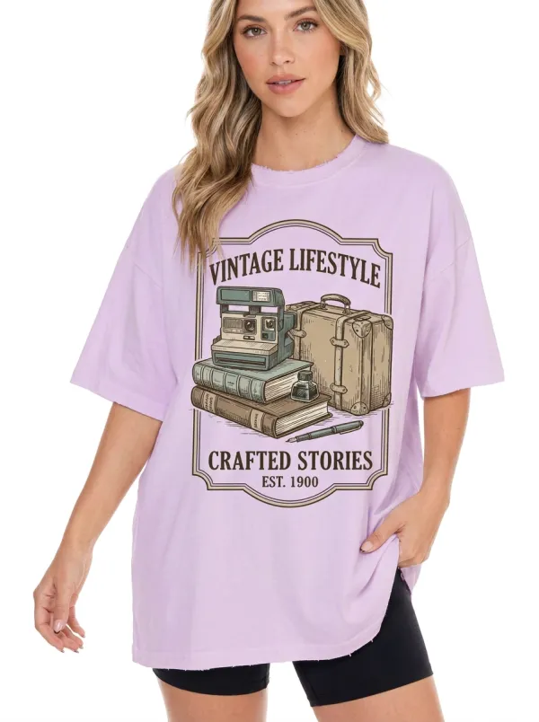 Women's Vintage Lifestyle Camera Books Suitcase Graphic T-Shirt