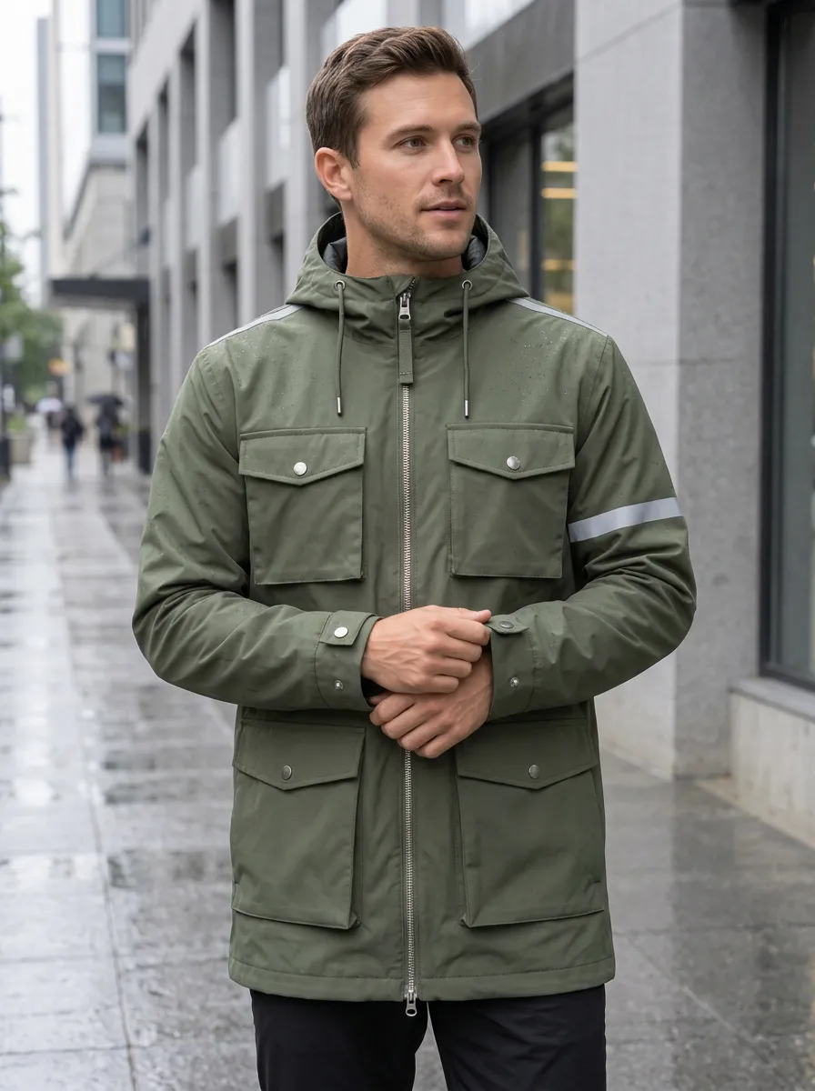 Men's Olive Green Waterproof Hooded Utility Printed Jacket