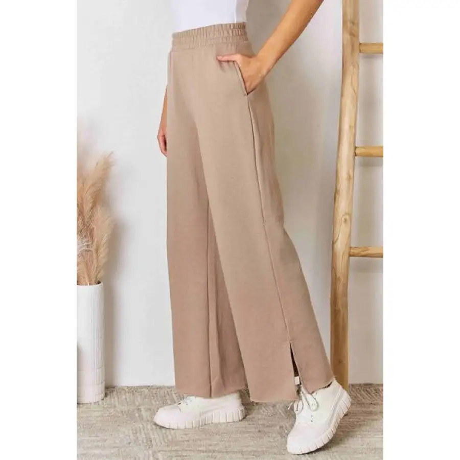 Risen Wide Waistband Slit Wide Leg Pants