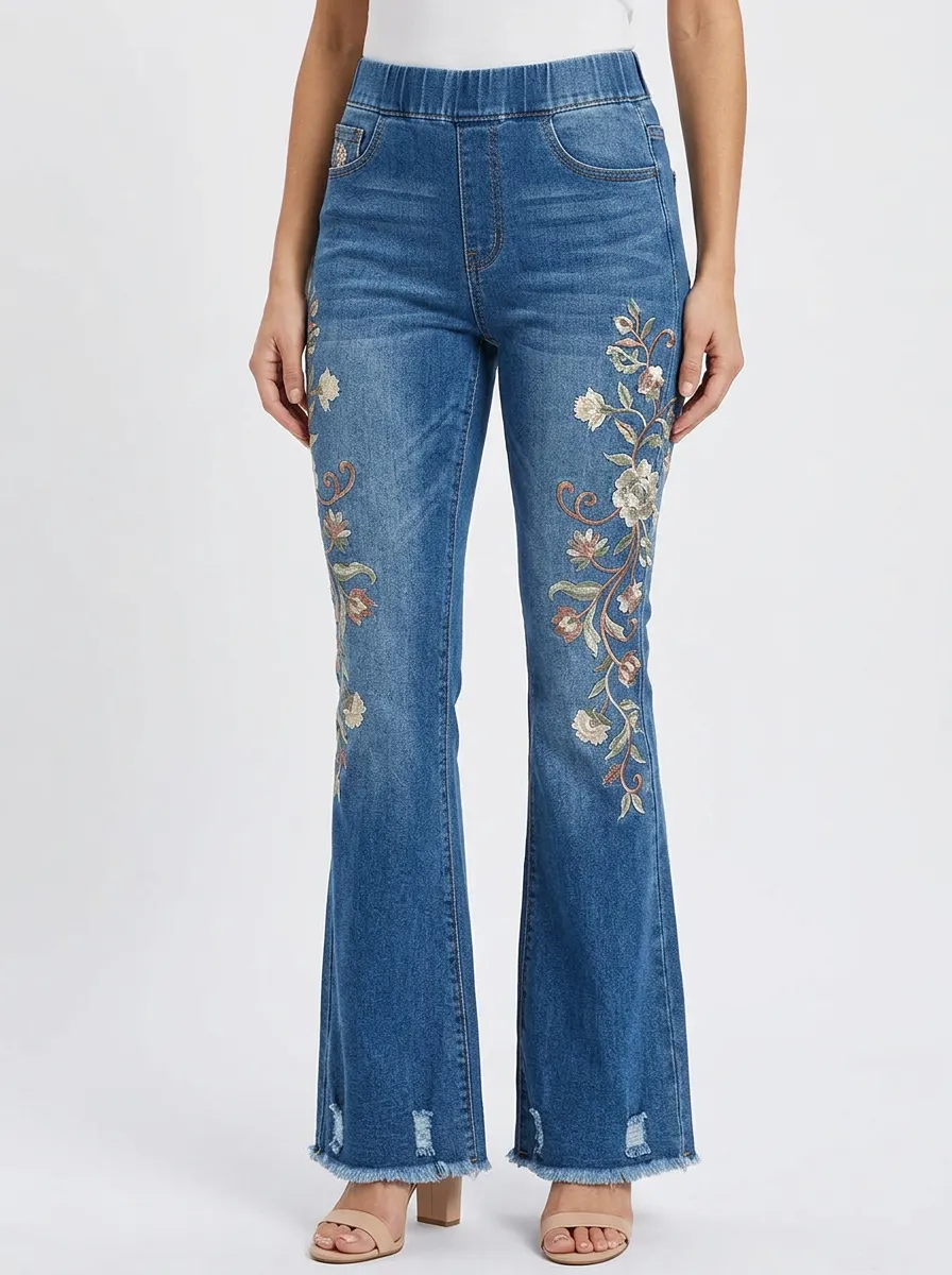 Women's Vintage Floral Embroidered Distressed Flare Jeans