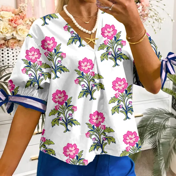 Striped Floral Tie Detail Blouse