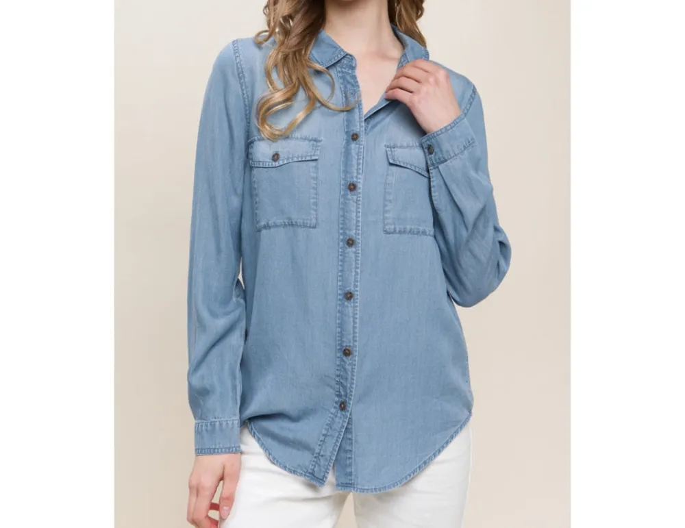 Scooped-Hem Button-Up Denim Shirt