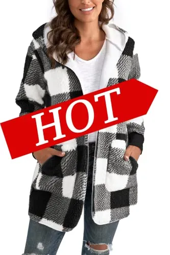 Womens Fuzzy Fleece Open Front Hooded Cardigan Jackets Sherpa Coat with Pockets