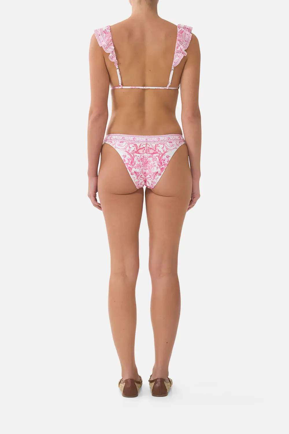 Tie Front Tri Bikini Top with Frill Neck