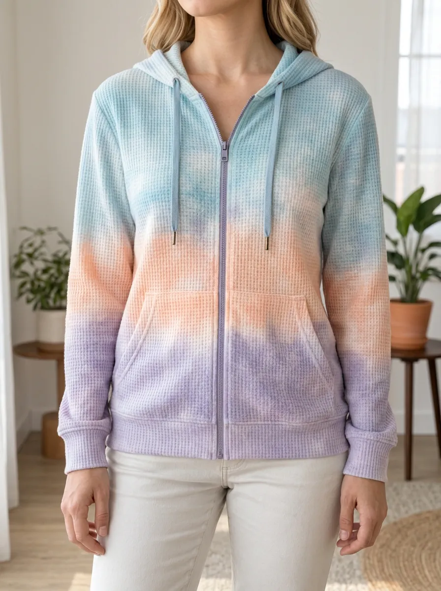 Women's Pastel Ombre Tie-Dye Waffle Knit Zip-Up Hoodie