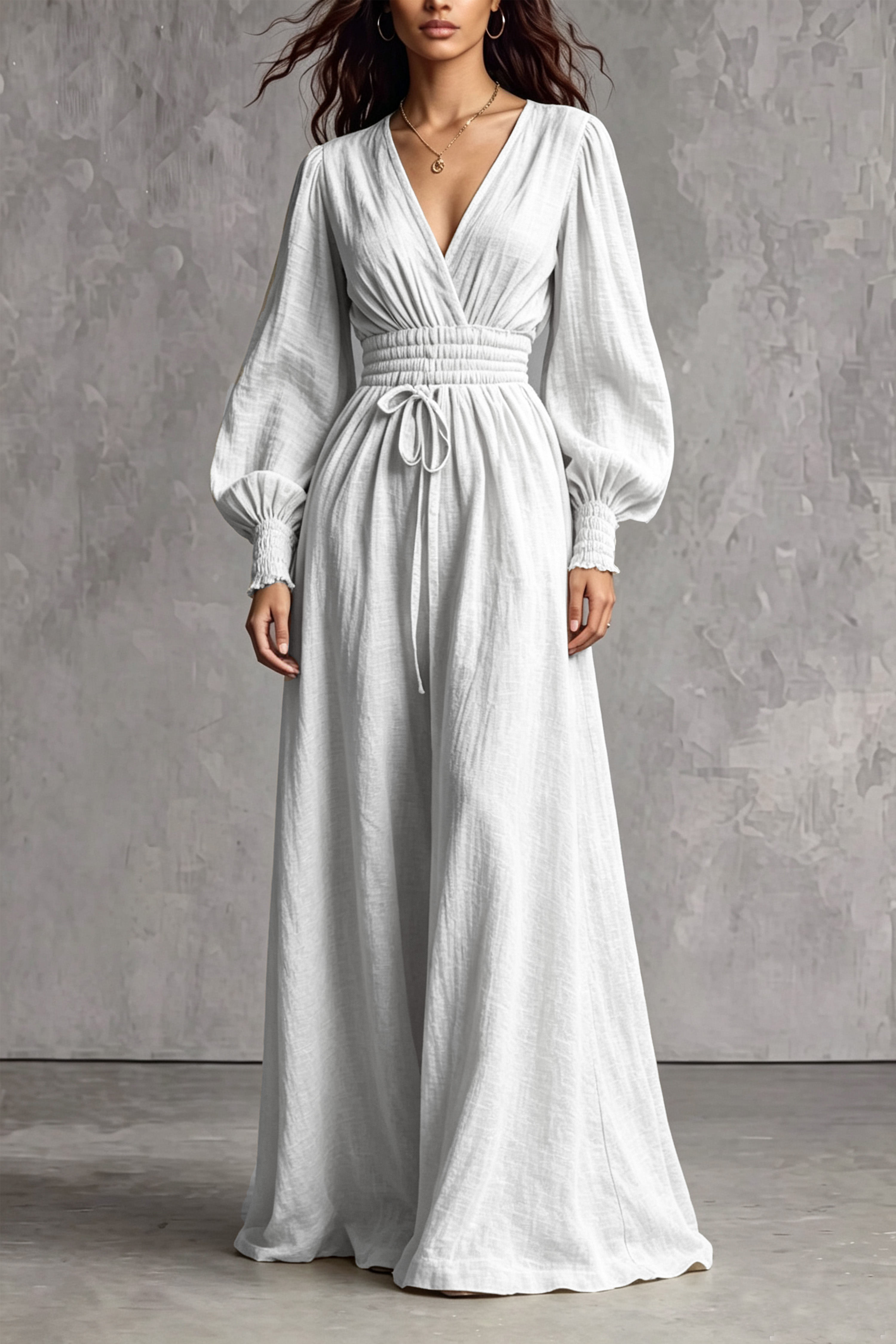 V Neck Ruched Tie Detail Maxi Dress