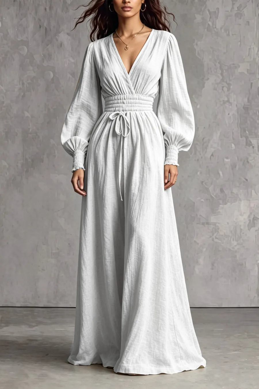 V Neck Ruched Tie Detail Maxi Dress