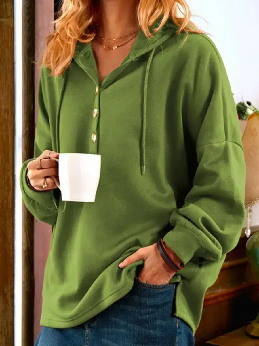 Fashion Plain Casual Button Long Sleeve Hoodie