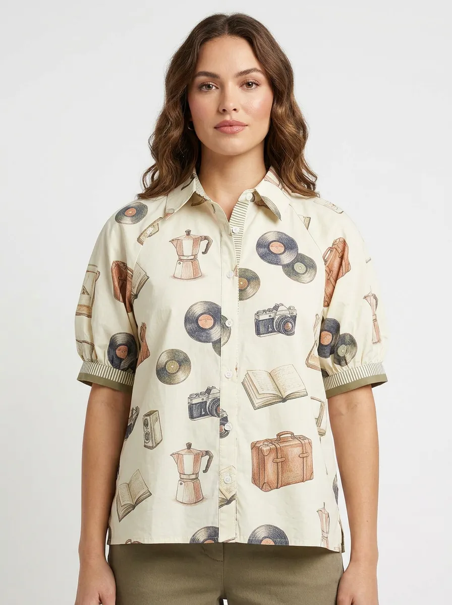 Women's Vintage Hobby Lover Vinyl Camera Coffee Printed Shirt