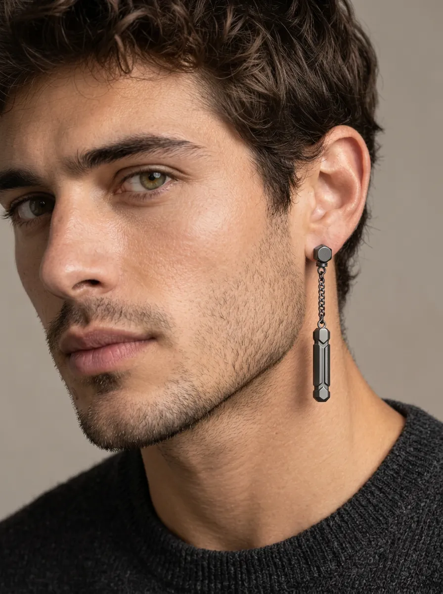 Men's Gothic Industrial Hexagon Chain Dangle Earring
