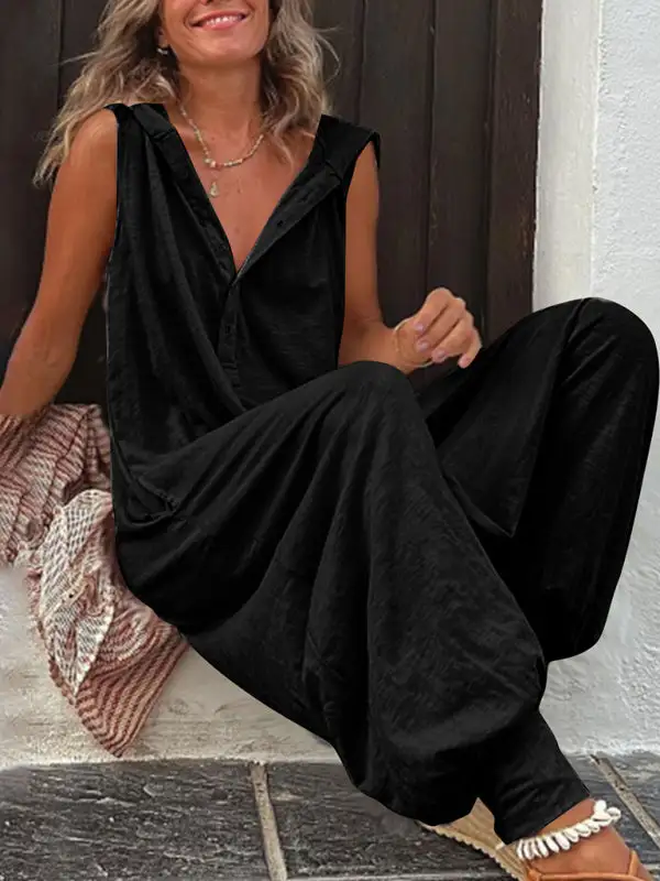Clean Button Hooded Sleeveless Trousers Jumpsuit Pants