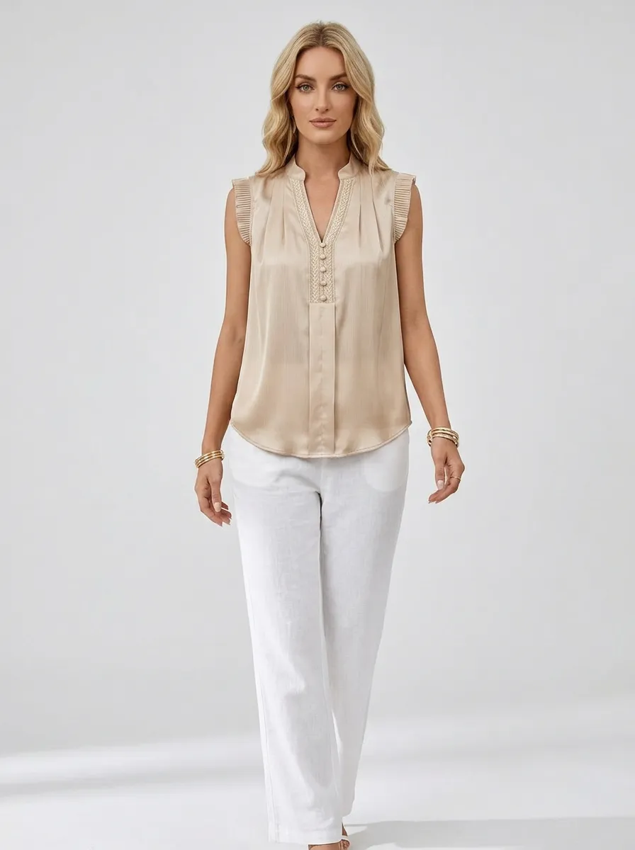 Pleated Trim Button V-Neck Sleeveless Blouse
