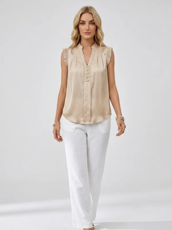 Pleated Trim Button V-Neck Sleeveless Blouse
