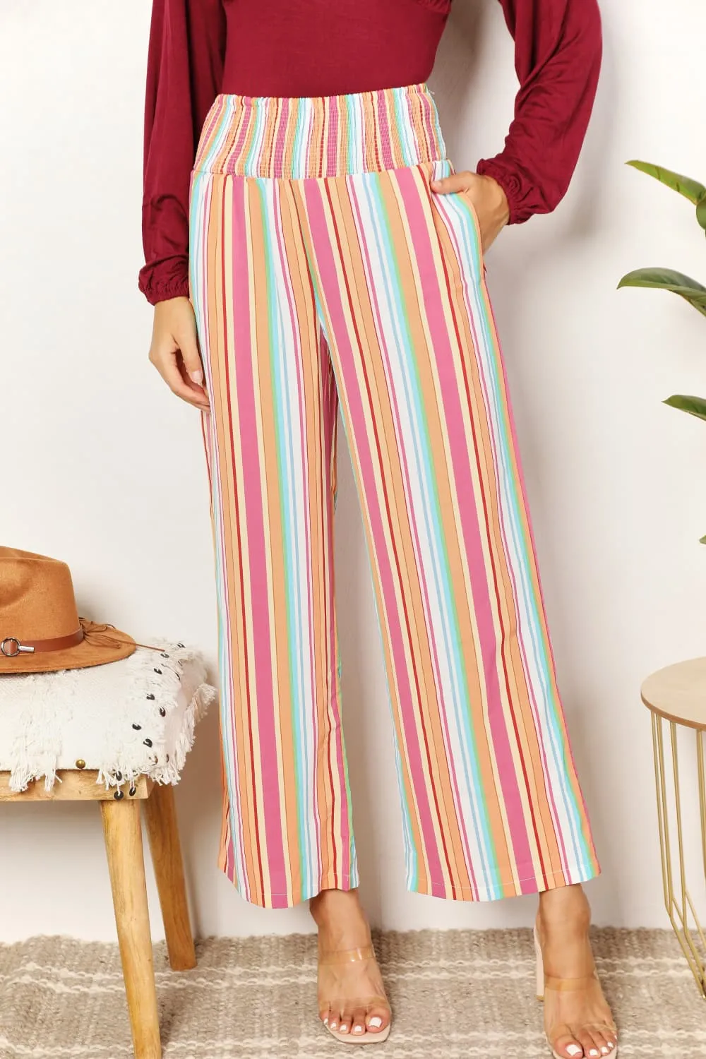 Daily Striped Smocked Waist Pants With Pocket