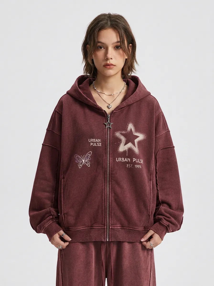 Unisex Streetwear Urban Pulse Star Butterfly Printed Zip-up Hoodie
