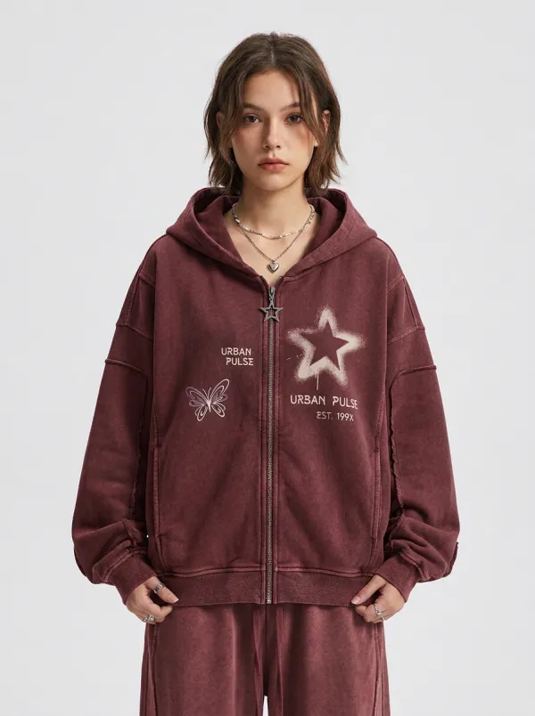 Unisex Streetwear Urban Pulse Star Butterfly Printed Zip-up Hoodie