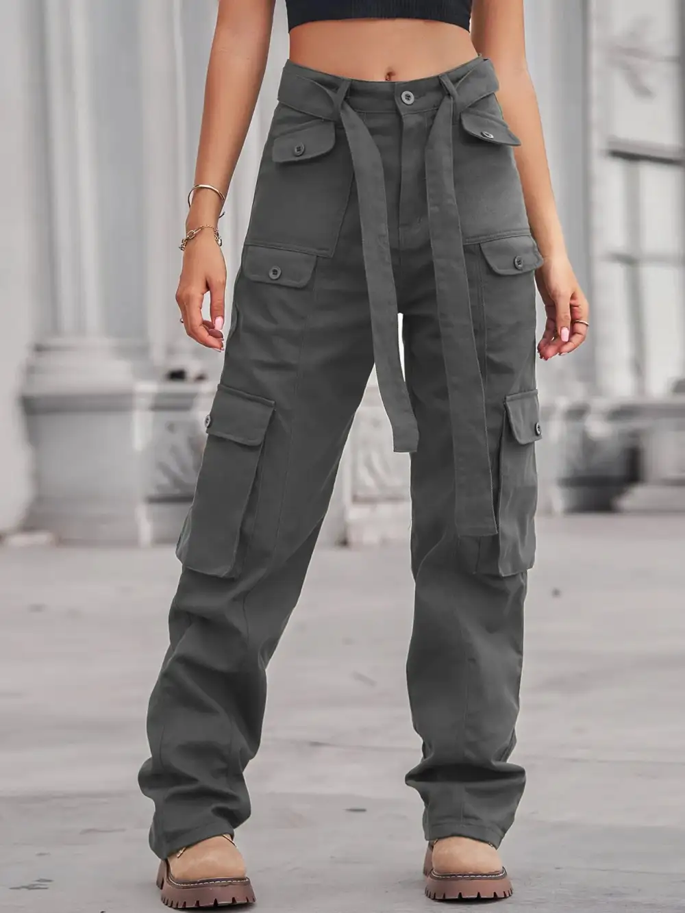High Waist Cargo Pocketed Denim Jeans