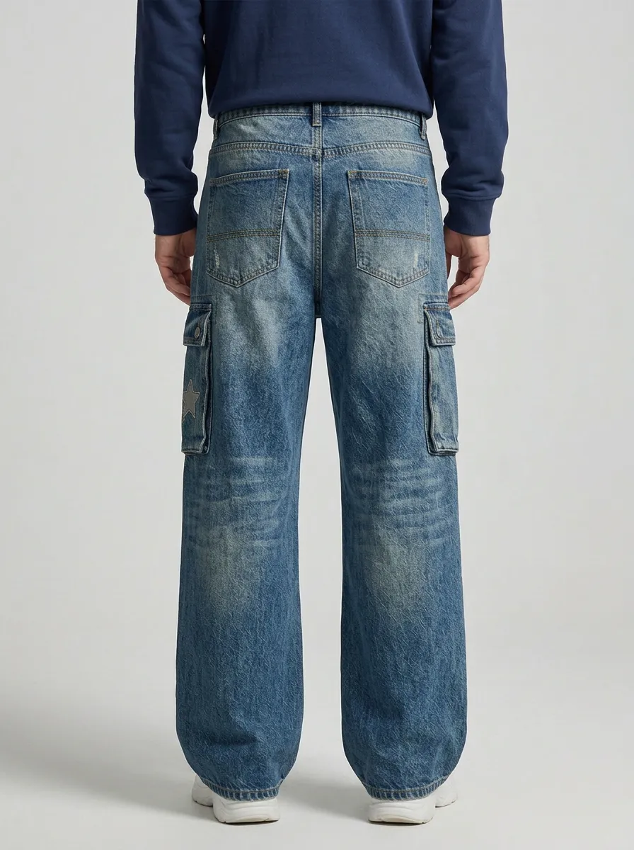 Men's Star Patch Distressed Cargo Wide Leg Jeans