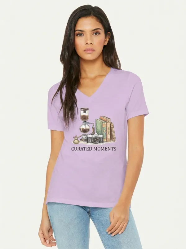 Women's Coffee Camera Book Curated Moments Graphic V-Neck T-Shirt