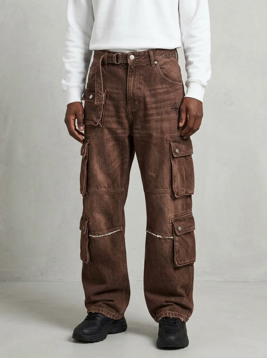 Men's Streetwear Vintage Wash Denim Multi-Pocket Cargo Jeans