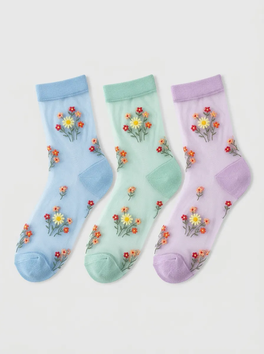 Women's Floral Pastel Sheer Embroidered Socks 3-Pack