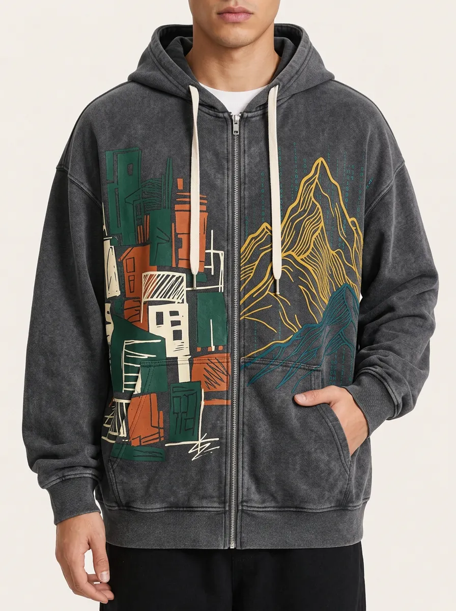 Men's Urban City Mountain Graphic Printed Zip Up Hoodie
