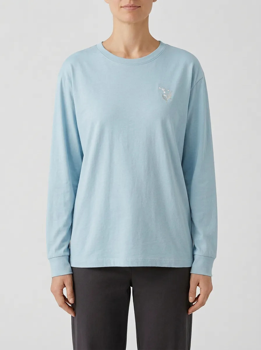 Women's Lily-of-the-Valley Floral Embroidered Long-Sleeve Crew-Neck T-Shirt