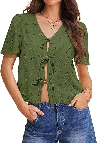 Women's Eyelet Embroidered Tie-Front Blouse