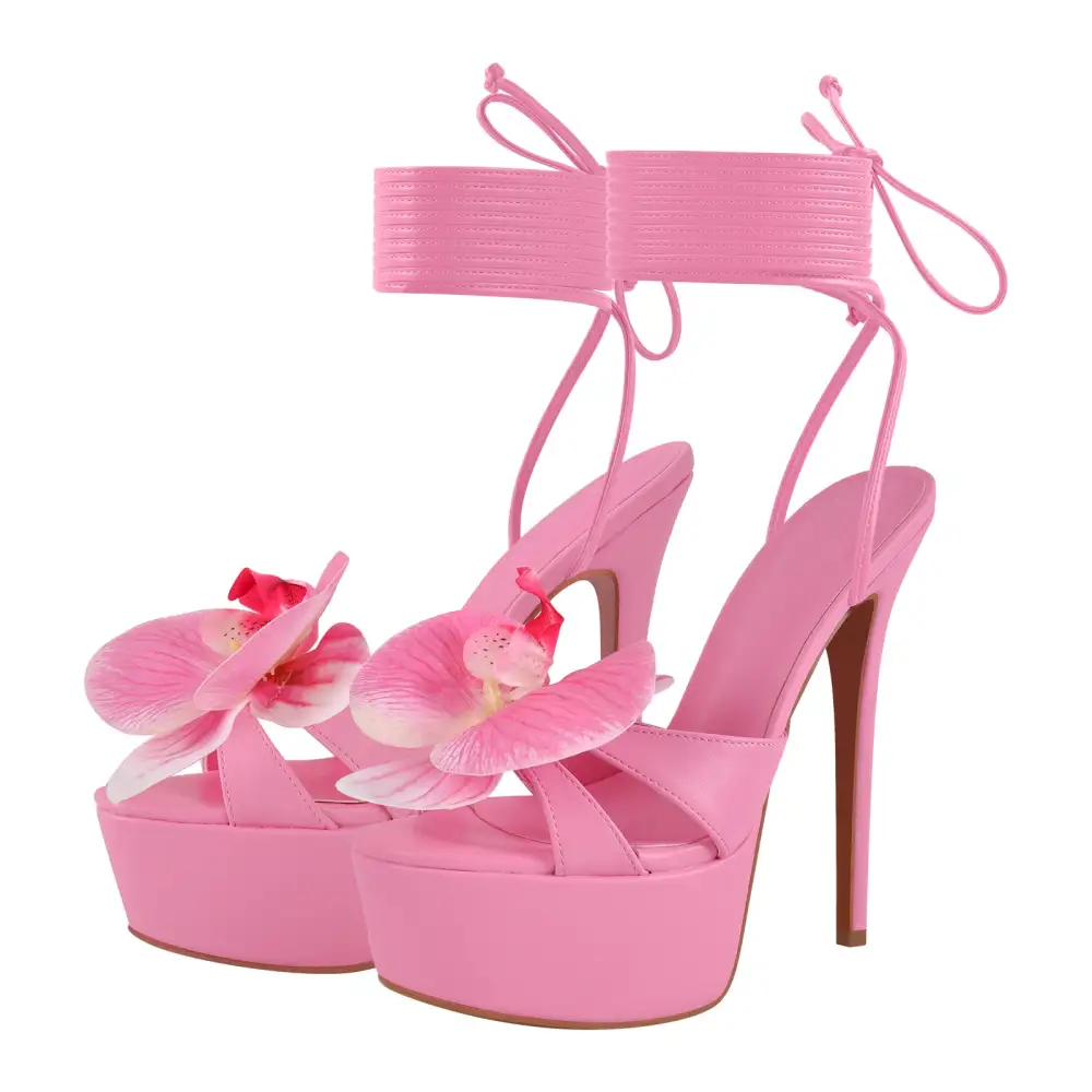 Round Toe Flower Platform Lace Up Stiletto Sandals