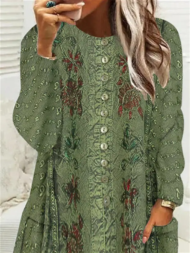 Women Long Sleeve Scoop Neck Printed Button Pockets Fleece Lined Tops