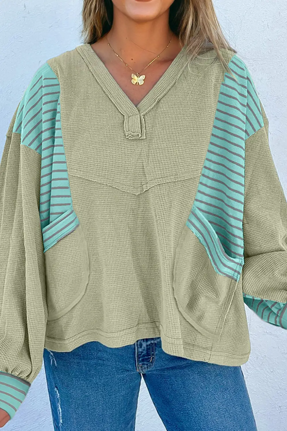 Women's Striped Waffle Knit Oversized Fit Pullover Top