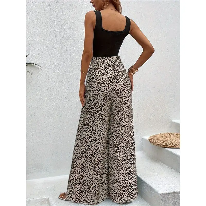Women's Flared Leopard Print Printed Bow Detail Pants