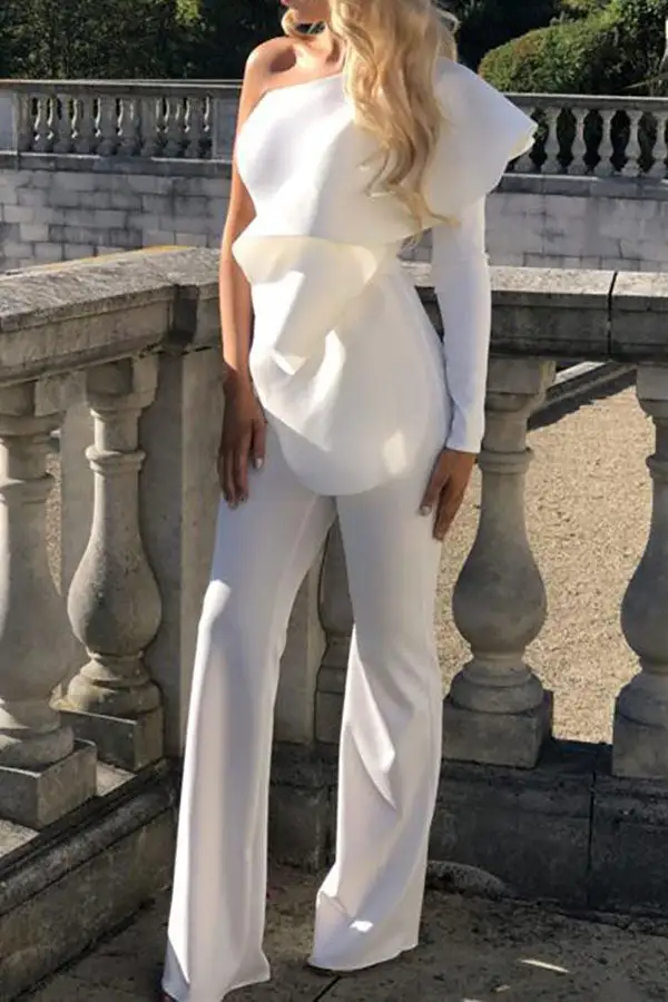 Ruffle Flared-Leg One Sleeve Jumpsuit